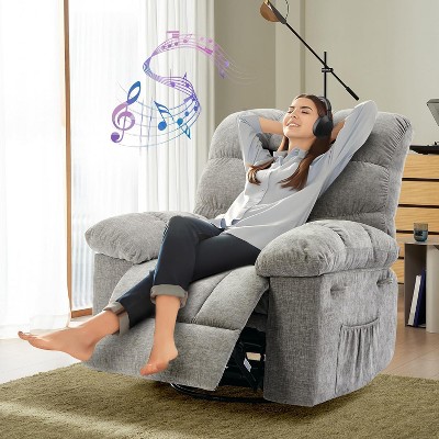 Rocking Recliner Chair, 360° Swivel Rocker Chair for Living Room, Upholstered Fabric Glider Nursery Chair with Side Pockets