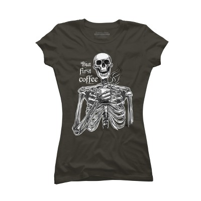 Junior's Design By Humans Halloween skeleton drinking coffee. But first coffee By melazergDesign T-Shirt