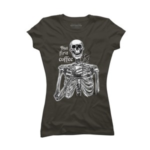 Junior's Design By Humans Halloween skeleton drinking coffee. But first coffee By melazergDesign T-Shirt - 1 of 2