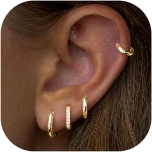 Small 14K Gold Huggie Hoop Set - Hypoallergenic Stackable Cartilage Earrings for Women & Men - 1 of 4