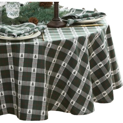 Christmas Tablecloth, Plaid & Pine Tree Dobby Christmas/Holiday Cotton Round/Oval Tablecloth