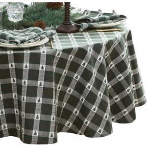 Christmas Tablecloth, Plaid & Pine Tree Dobby Christmas/Holiday Cotton Round/Oval Tablecloth - 1 of 4