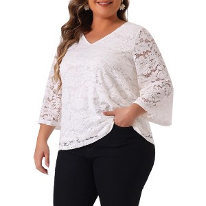 Agnes Orinda Women's Plus Size Sheer Lace Double Layered Hem V Neck 3/4 Sleeve Casual Dressy Floral Blouse - 1 of 4