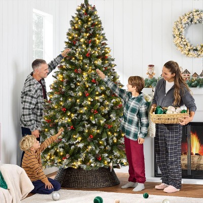 9FT Pre-Lit Frosted Artificial Christmas Tree with 600 Lights, Pinecones & Red Berries, 1740 Branch Tips, Metal Stand, Easy Assembly Holiday-- Frevyn