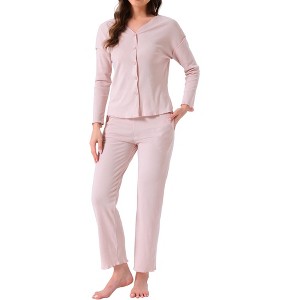 INSPIRE CHIC Women's Pajama Sets Button Up Long Sleeve V-Neck Elastic Waist Pants 2 Pieces with Pockets - 1 of 4