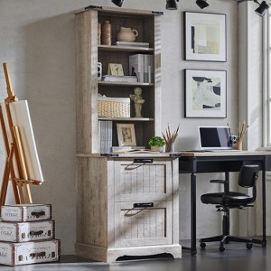 Farmhouse Bookcase with 2 Large File Drawers, 72" Tall Bookcase with Storage,  4 Tier Rustic Wood Bookshelf for Home, Living Room - 1 of 4