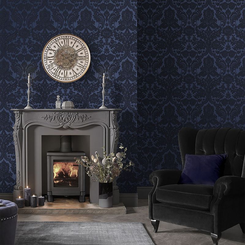 Gothic Damask Flock Cobalt Blue and Black Paste the Wall Wallpaper, 2 of 5
