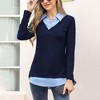 Clearlove Women's Long Sleeve V Neck Contrast Collar Shirt A-line Pleated Office Tunic - 2 of 4