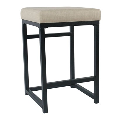 Open Back Metal Counter Height Barstool with Fabric Upholste Padded Seat Beige/Black - Benzara