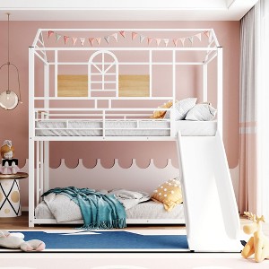 NicBex Twin over Twin Bunk Bed House Shape Loft Bed Metal Bed Frame with Full Length Guardrail, Slide and Ladder, No Box Spring Required - 1 of 4