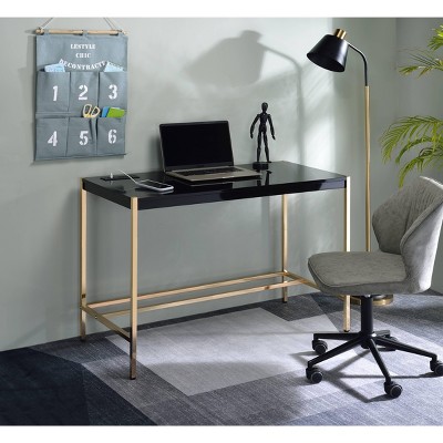 NicBex Home Office Desk 42" Modern Writing Desk with 2 Sockets, 2 Ports, Wooden Desktop and Gold Metal Legs for Office, Study, Living Room