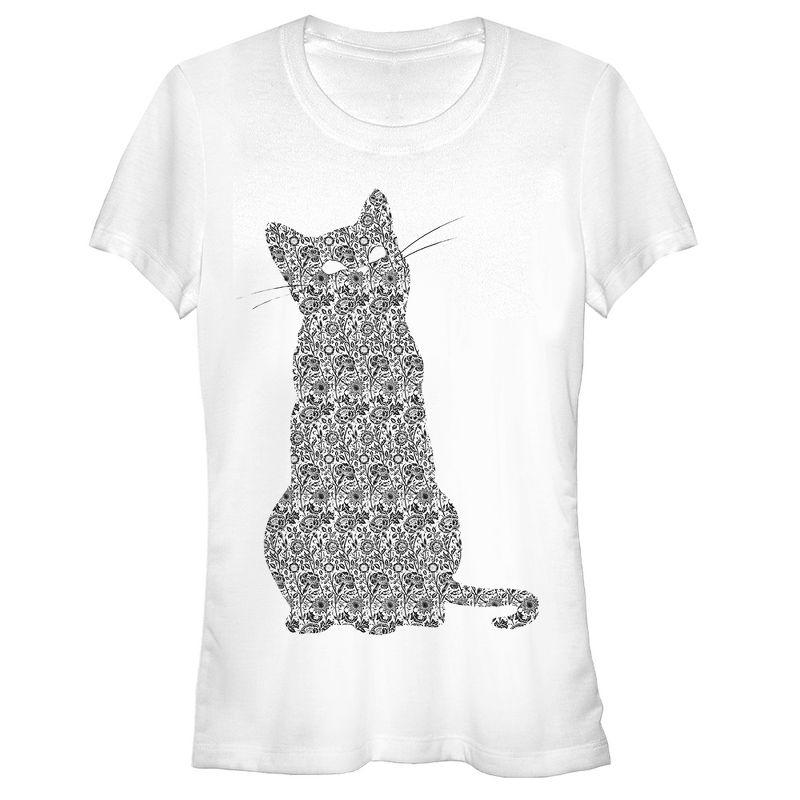 Juniors Womens Lost Gods Floral Print Cat T-Shirt, 1 of 4