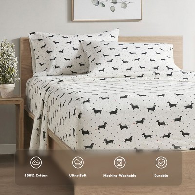 3 Pcs Novelty Printed 100% Cotton Sheet Set, Breathable & Extra Soft Deep Pocket Fitted Sheets for All Seasons, Heavyweight Bedding with Pillow Cases