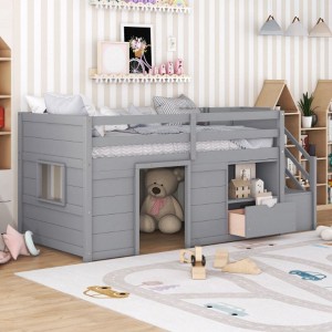 Twin Size Low Loft Beds, Twin Bed With Stairs Safety Guardrail For Kids Teens Boys Girls, Twin Bed Wood Frame - 1 of 4