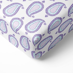 Bacati - Paisley Printed Purple Aqua Teal 100 percent Cotton Universal Baby US Standard Crib or Toddler Bed Fitted Sheet - 1 of 4