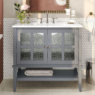NicBex 36" Freestanding Vanity with Textured Glass Doors & Open Shelf, Modern Bathroom Vanity with Ceramic Sink, Waterproof Painted Finish