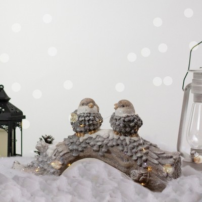 Rustic Gray Ceramic Birds on Snowy Log Holiday Decoration
