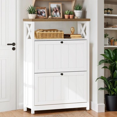 Modern White Shoe Cabinet with Flip Drawer & Open Shelf Entryway Shoe Organizer