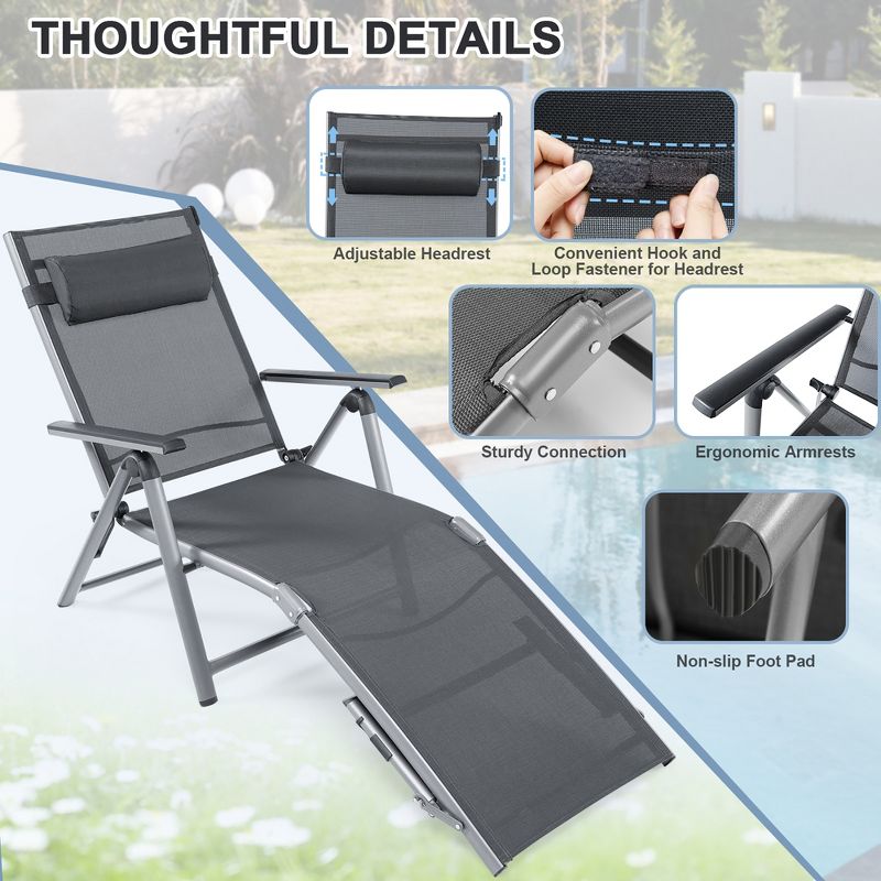 Tangkula 2PCS Patio Lounge Chair Rustproof Aluminum Folding Chaise w/ Adjustable Backrest & Footrest, 5 of 11