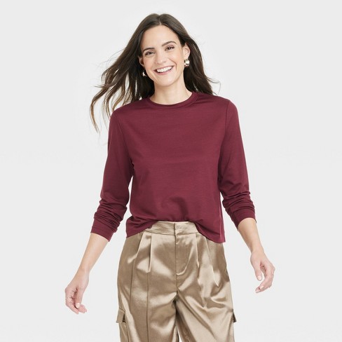 Women's Long Sleeve T-shirt - A New Day™ Burgundy Xs : Target