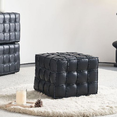 CAVINAS 17.32" W Genuine Leather Biscuit-Tufted Ottoman, Square Ottoman, Ottoman Foot Rest, Bedroom End Bench, Footstool with Solid Wood Frame
