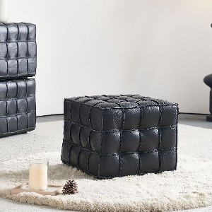 CAVINAS 17.32" W Genuine Leather Biscuit-Tufted Ottoman, Square Ottoman, Ottoman Foot Rest, Bedroom End Bench, Footstool with Solid Wood Frame - 1 of 4