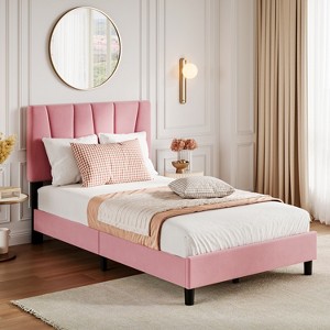 Velvet Upholstered Platform Bed Frame, Adjustable Headboard, Diagonal Tufted, Twin/Full/King Size, Beige/Pink - 1 of 4