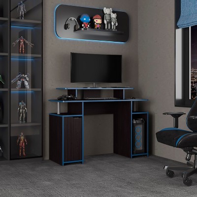 Vynxaria Modern Gamer Desk - 2-Tier, 47" Wide, Black with Blue Accents, PC Tower Stand & Shelves