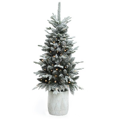 LuxenHome 4Ft Pre-Lit Snow-Flocked Potted Artificial Christmas Tree, Battery Operated with Timer Green