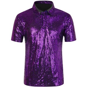 INSPIRE CHIC Men's Short Sleeves Club Party Shiny Sequin Polo Shirts - 1 of 4