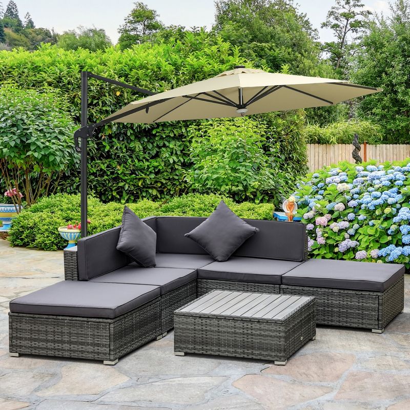 Outsunny 6 Piece Patio Furniture Set, Outdoor Rattan Sectional Sofa Couch with Chaise Lounge Sides, Coffee Table, Pillows & Cushions, Wood Trim, 2 of 7