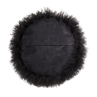 Black Round Mongolian Lamb Fur Throw Pillow with Poly Filling