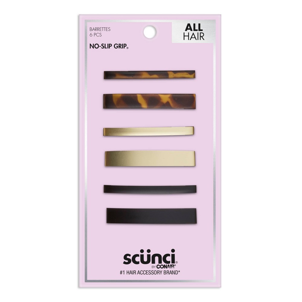 scünci No-Slip Grip Rectangle Barrettes - Mixed Finish - All Hair - 6pk