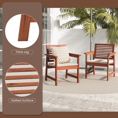 Natural Wood Outdoor Dining Chairs with Off-White Cushions, Set of 2