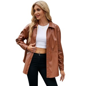 Coolmee Women Faux Leather Button Down Coats Long Sleeve Slim Fit Office Blouses Casual Business Jackets - 1 of 4