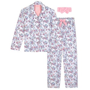 Sleep On It Girls 2-Piece Long-Sleeve Button-Up Pajama Set with Plush Headband Gift - 1 of 4