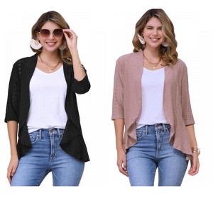 INSPIRE CHIC Women's 3/4 Sleeve Dressy Neck Ruffle Open Front Casual Eyelet Cardigans 2 Packs - 1 of 4