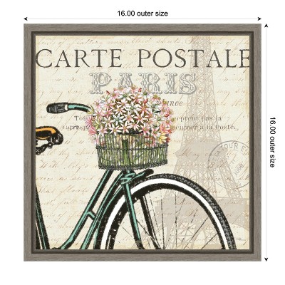Paris Ride Bicycle with Flowers Canvas Wall Art in Gray Frame