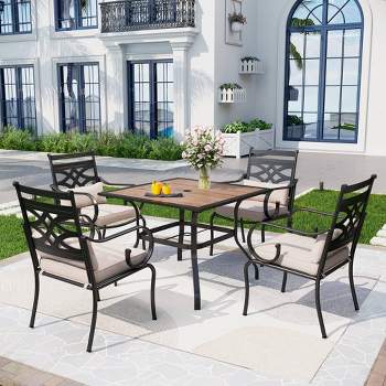 5pc Outdoor Dining Set with Chairs with Seat & Back Cushions & Square Table with Faux Wood Tabletop with Umbrella Hole - Captiva Designs