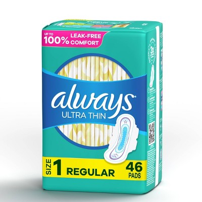 Always Ultra Thin Pads Unscented with Wings - Regular Absorbency - Size 1 - 46ct