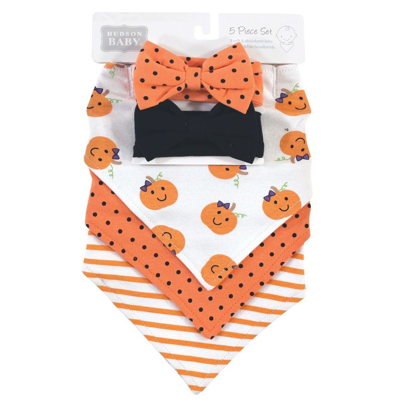 Hudson Baby Infant Girl Cotton Bib and Headband Set 5pk, Girl Pumpkin, One Size, 3 of 4