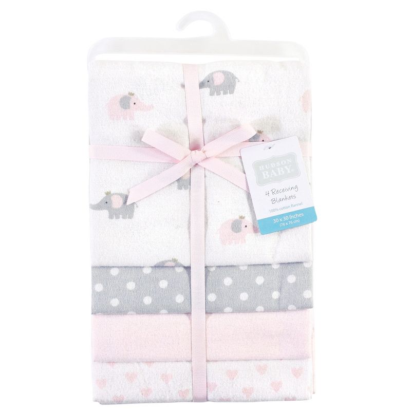 Hudson Baby Infant Girl Cotton Flannel Receiving Blankets, Pink Gray Elephant, One Size, 3 of 8