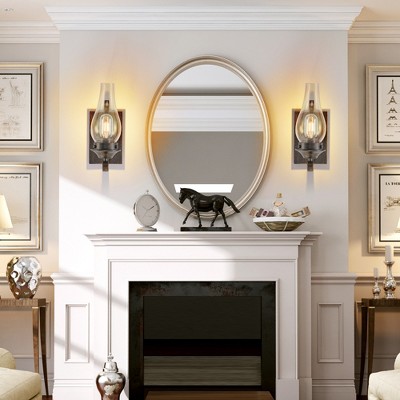 DOMETOUR Rustic Farmhouse Wall Sconces Set of 2, Vintage Plug-in Lights with Glass Shade, Black & Gold Finish for Bedroom, Living Room, Hallway