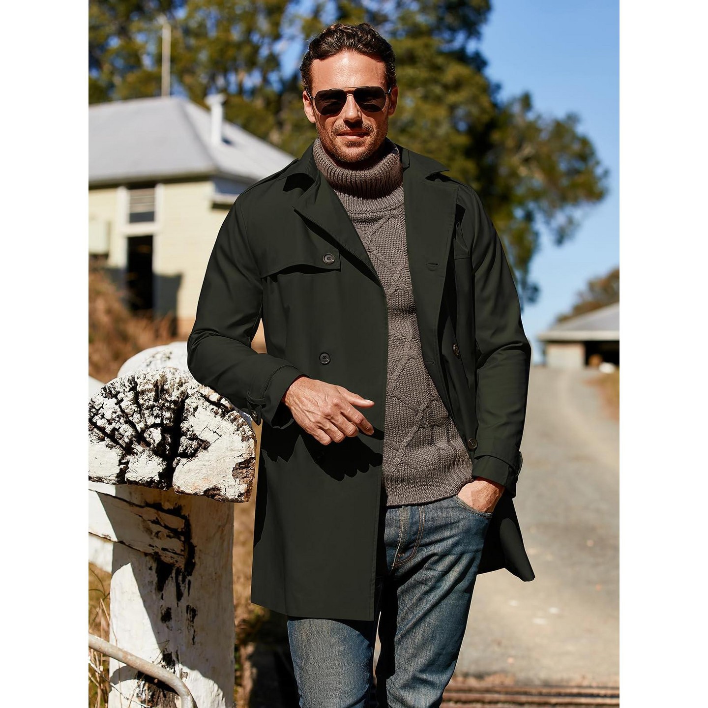 Мужская куртка Runcati Mid Length Double Breasted Trench Coat Lapel Windbreaker With Belt Business Casual Outerwear For All Seasons Khaki, цвет: Чёрный — фото 2
