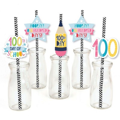 Big Dot of Happiness Happy 100th Day of School - Paper Straw Decor -100 Days Party Striped Decorative Straws - Set of 24