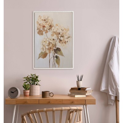 Soft Hydrangeas Beige and White Canvas Print with Beaded Frame