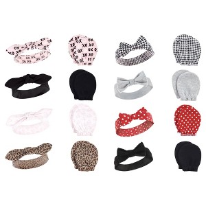 Hudson Baby Infant Girl 16Pc Cotton Headband and Scratch Mitten Set, Black Xoxo Houndstooth, 0-6 Months - 1 of 3