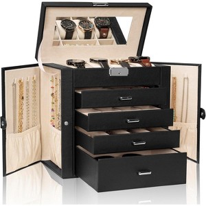 4-Tier Leather Jewelry Box with 3 Drawers Lockable Mirror and Organizer - 1 of 4