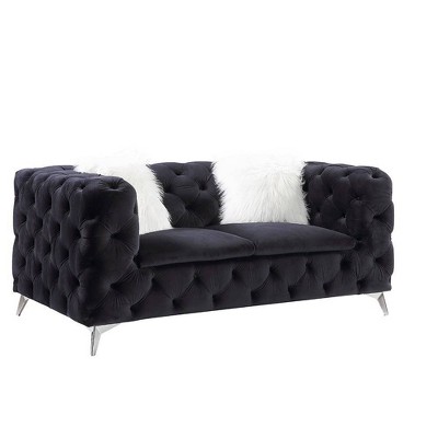 Contemporary Black Velvet Tufted Loveseat with Metal Legs