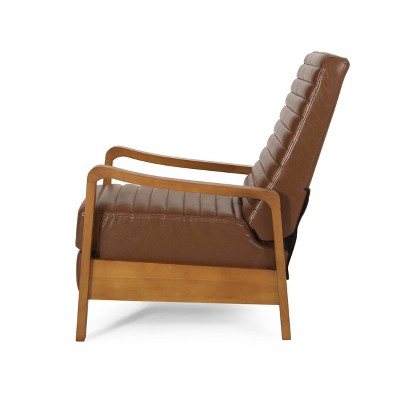 Munro Cognac Brown Faux Leather Recliner with Teak Wood Frame